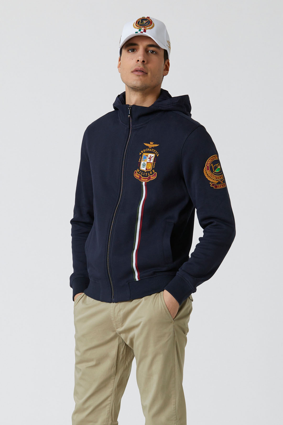 Felpa Aeronautica Militare Uomo Con Zip E Inserti Tricolore - Blu Navy, Cotone Comfortevole - Foto 8